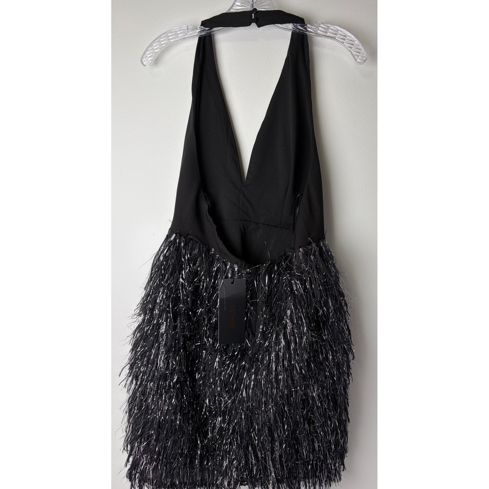 DO+BE Black Silver Tinsel Fringe Open Back Halter Mini Dress GY2191 NWT Large - Picture 3 of 13